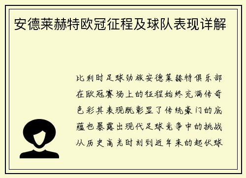 安德莱赫特欧冠征程及球队表现详解