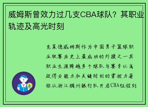 威姆斯曾效力过几支CBA球队？其职业轨迹及高光时刻