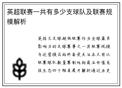 英超联赛一共有多少支球队及联赛规模解析